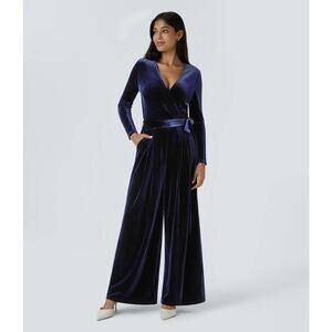 Halara Jumpsuit Velvet V-Neck Wrapped Long Sleeve Belted Wide Leg Blue NWT M